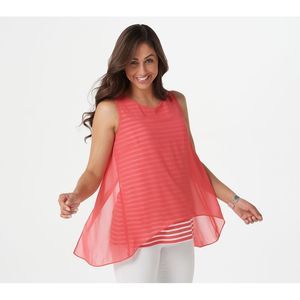 Susan Graver Women's Top Sz L Printed Knit Tank with Woven Chiffon Red A395087